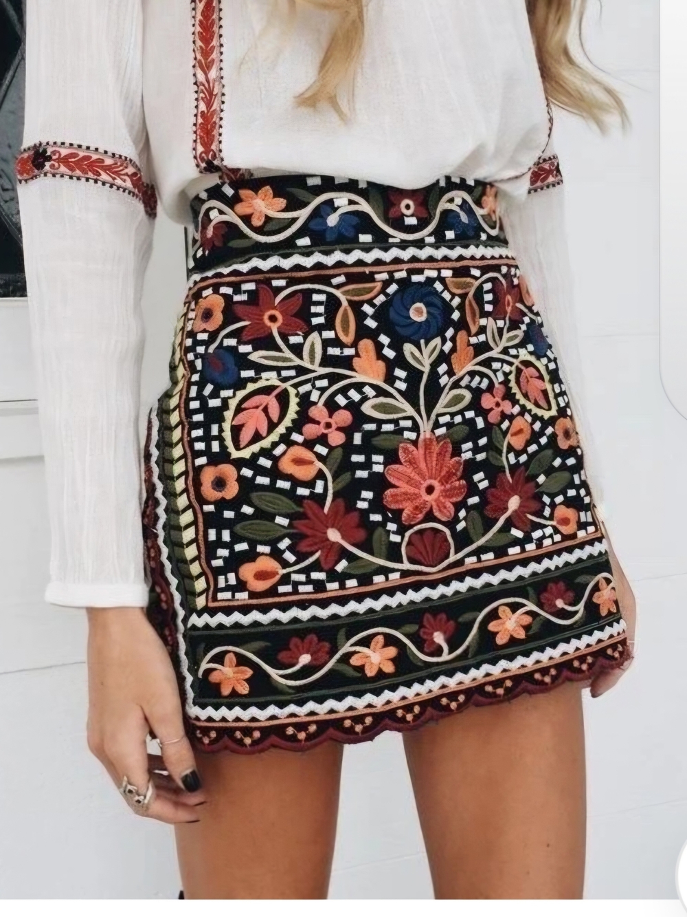 O Zara Black Embroidered Floral Mini Skirt, Boho, Festival Worthy Small
